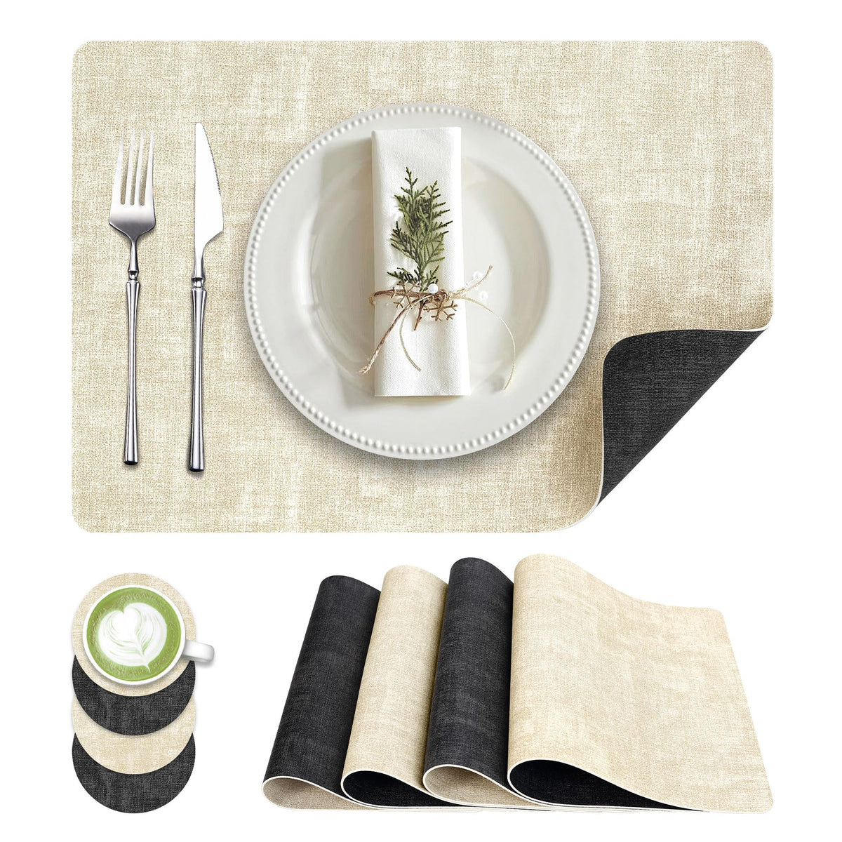 Fyvva Placemats Set of 4, 13" Round Reversible Faux Leather with Coasters