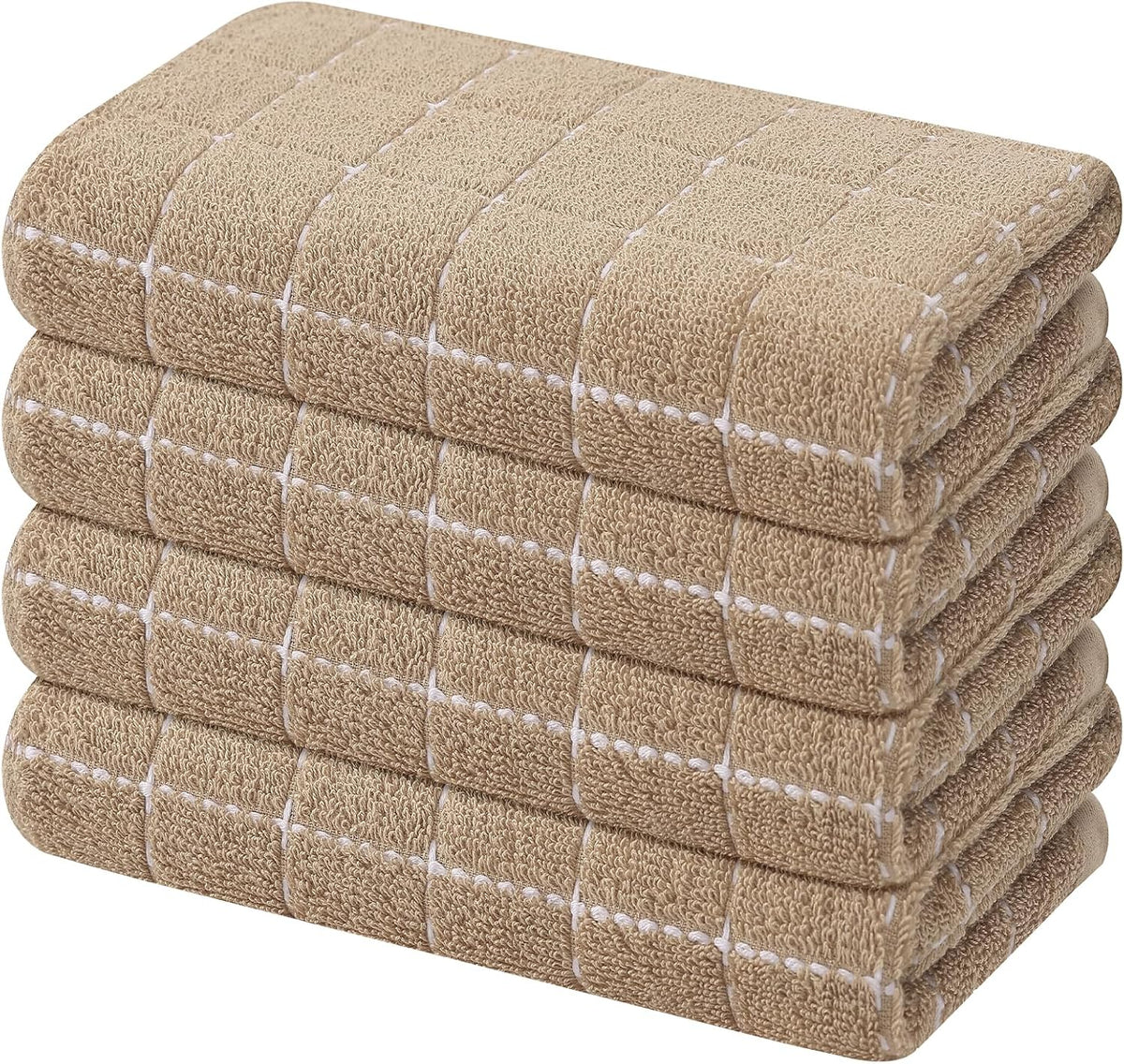 Mordimy Cotton Terry Checkered Kitchen Towels, 16"x 26", 4 Pack, Tan