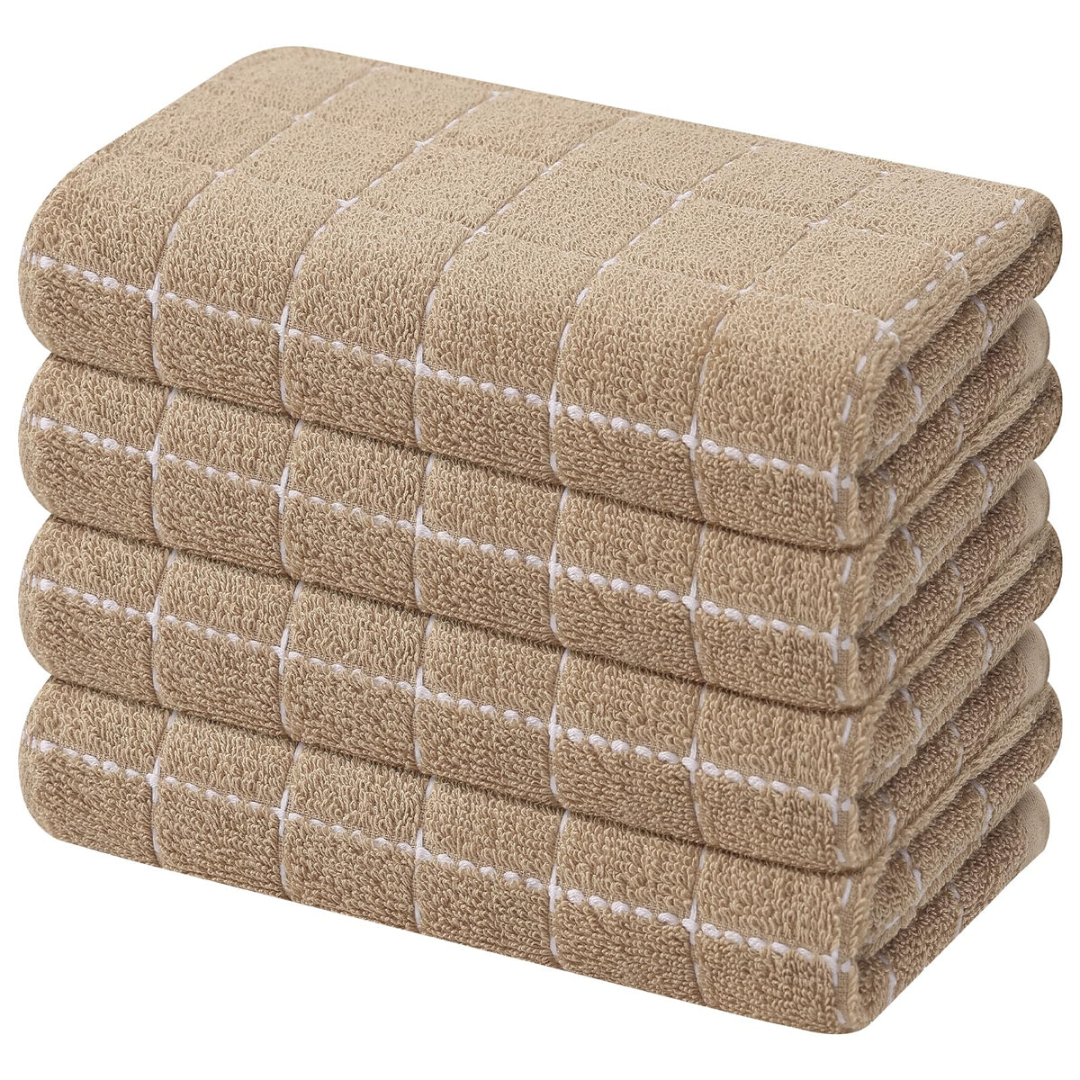 Mordimy Cotton Terry Checkered Kitchen Towels, 16"x 26", 4 Pack, Tan