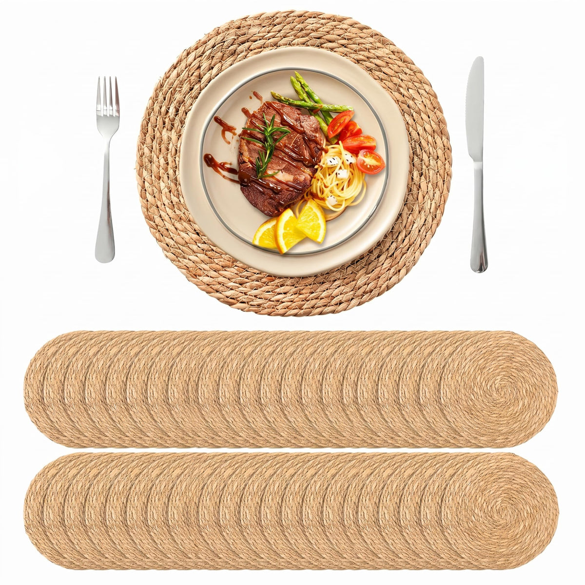 13.8'' Round Woven Placemats Set of 12, Boho Wicker Chargers, Terrekraft