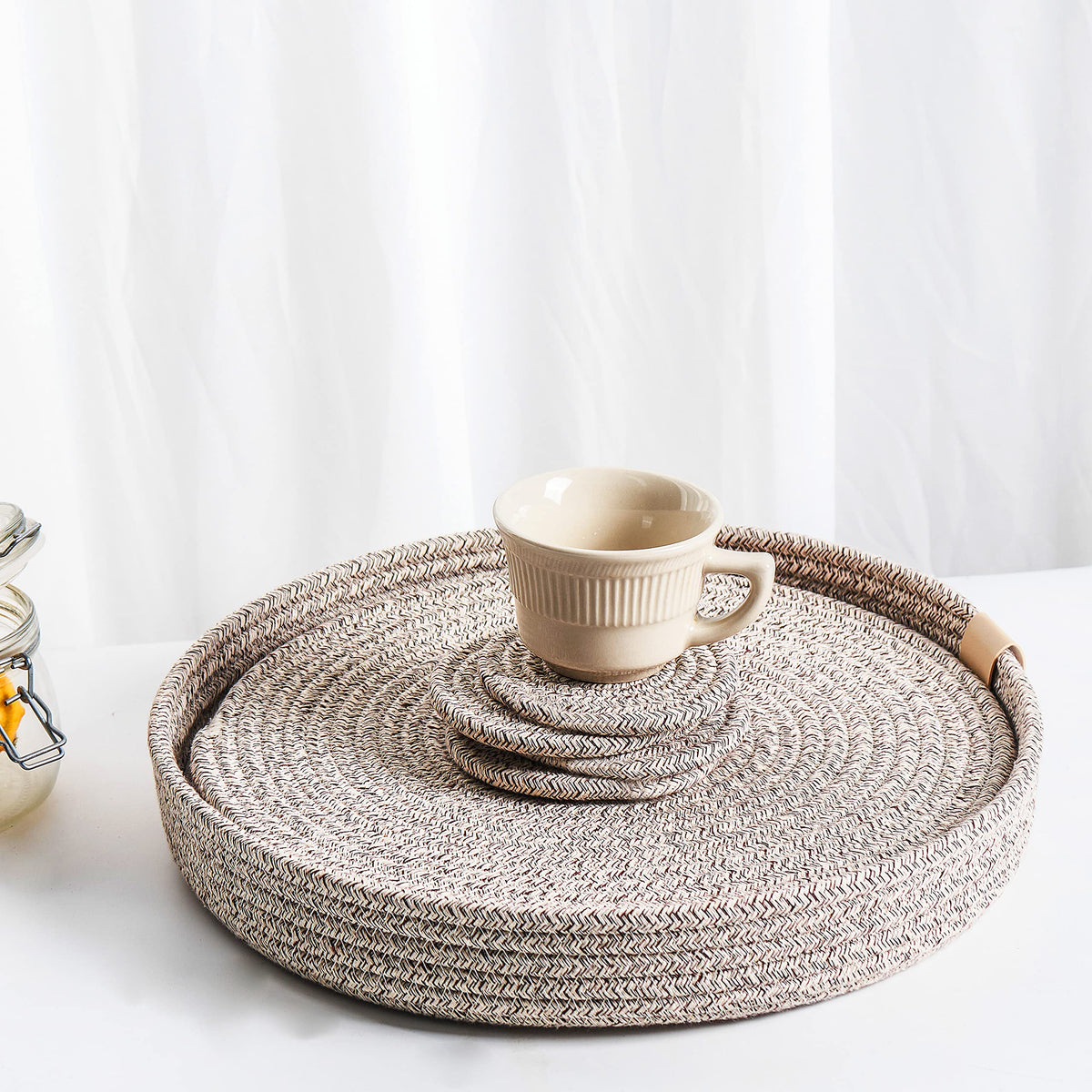 5-Piece Round Cotton Rope Placemats & Holder, Off White