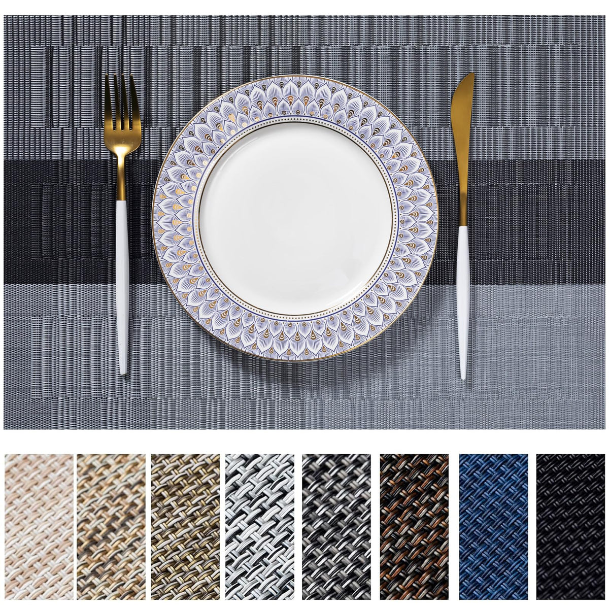 LEXMORE Placemats Set of 4 Vinyl/Plastic Woven Place Mats for Kitchen Table Indoor/Outdoor Washable Placemat Wipeable Dining Table Mats(Navy Blue)