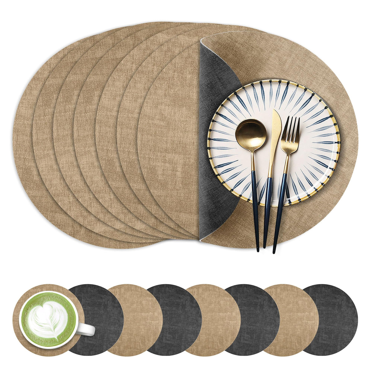Fyvva Placemats Set of 4, 13" Round Reversible Faux Leather with Coasters