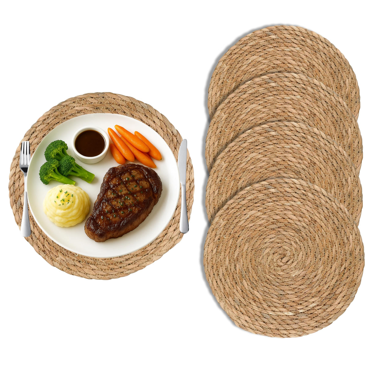 Round Woven Placemats Set of 4, 12" Boho Rattan Placemats Natural Hand-Woven Place Mats Table Decor, Chargers for Dinner Plates, Farmhouse Place Mats, Wicker Table Mats for Dining Table, Home