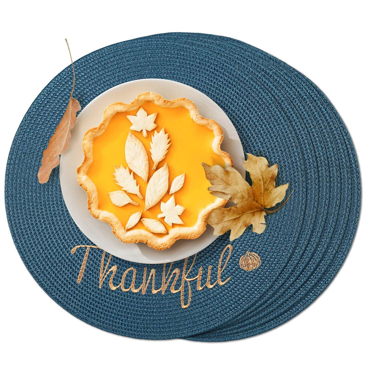 FunWheat Round Braided Placemats Set of 6 Table Mats for Dining Tables Woven Washable Non-Slip Place mats 15 in(Blue, 6pcs)