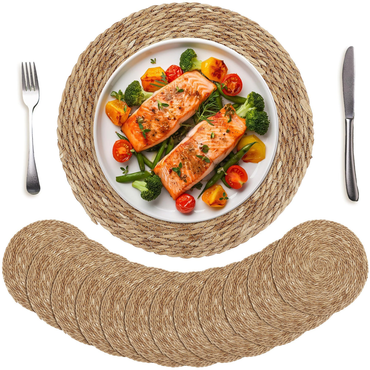 Kochorie Set of 6 Round Woven Placemats - 12 Inch Natural Boho Rattan Wicker Table Mats for Home Dining Table