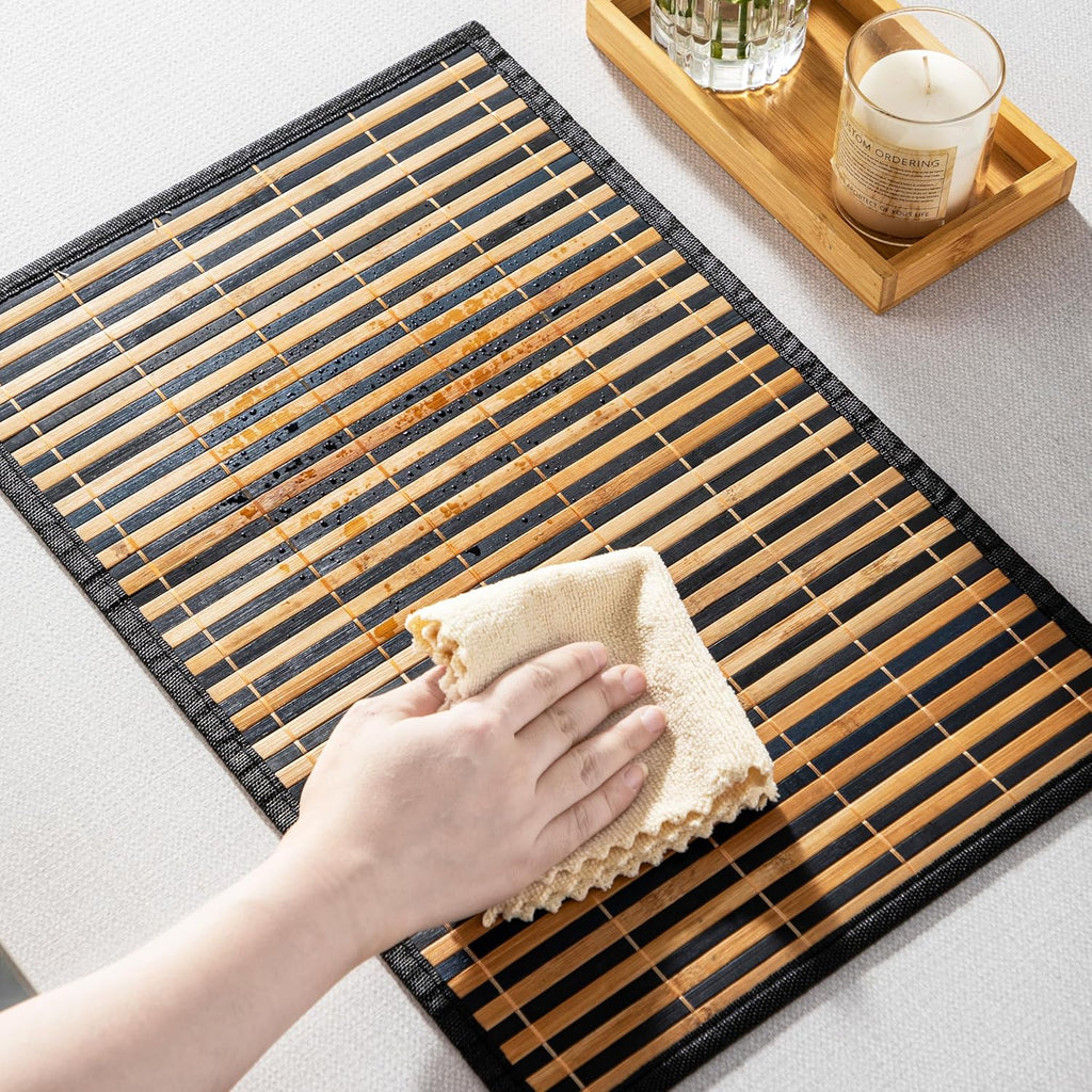 LOVECASA Placemats Set of 6, Bamboo Table Mats Set with Leaf Pattern, 18'' × 12'' Woven Placemat, Washable Heat-Resistant Place Mats for Kitchen, Black Leaf