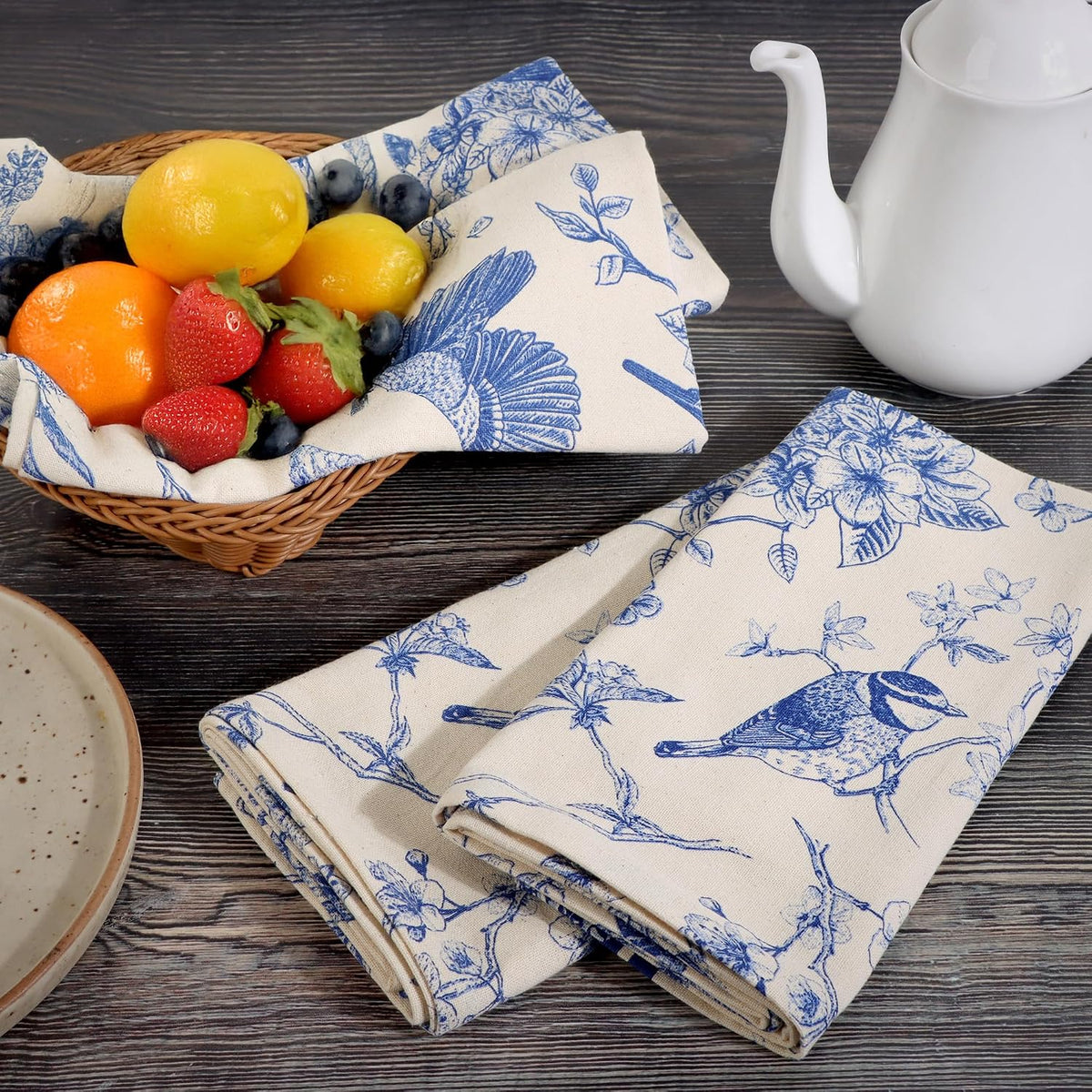 FINGERCRAFT Kitchen Towels 100% Cotton Set of 6 Tea Towel, Toile Blue