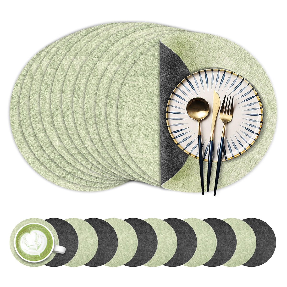Fyvva Placemats Set of 4, 13" Round Reversible Faux Leather with Coasters