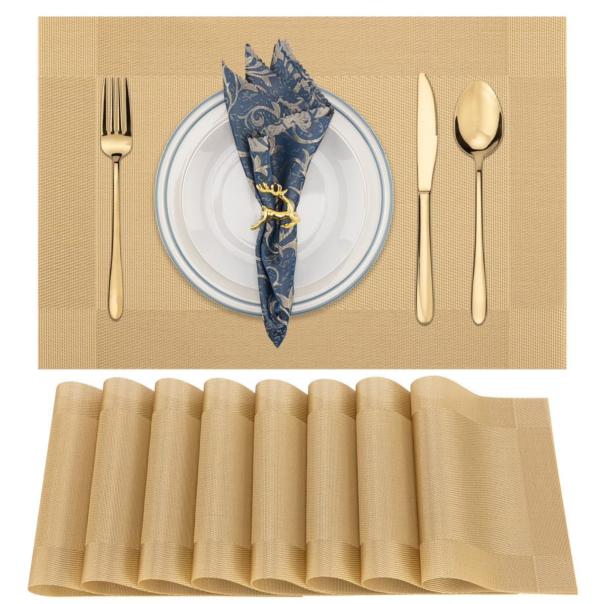 Winknowl Placemats Set of 8, Heat Resistant Non-Slip Vinyl Woven Table Mats for Dining Table, Washable Durable Elegant Place Mats for Kitchen Indoor/Outdoor Use (Beige Blue)