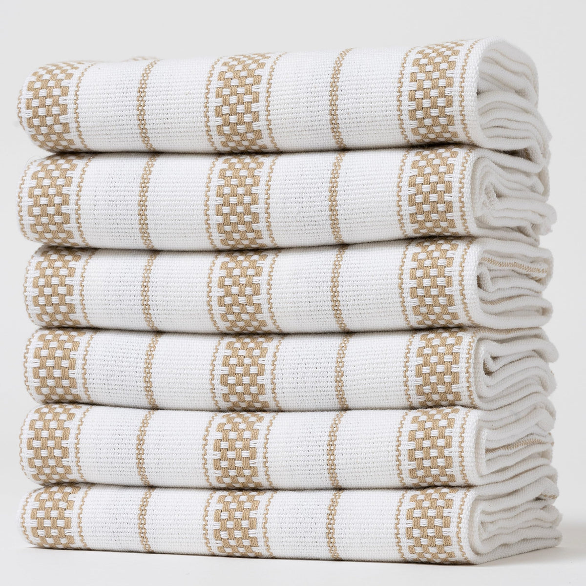 Kitchen Towels Set – Pack of 6 (20’’ x 30’’) Extra Large Premium Cotton Dish Towels for Kitchen – Chain Stripe Towels – Absorbent – 100% Cotton – with Hanging Loop – Beige