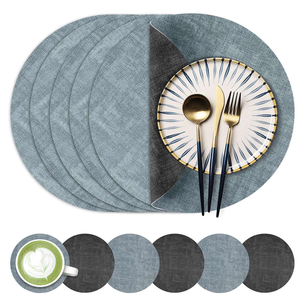 Fyvva Placemats Set of 4, 13" Round Reversible Faux Leather with Coasters
