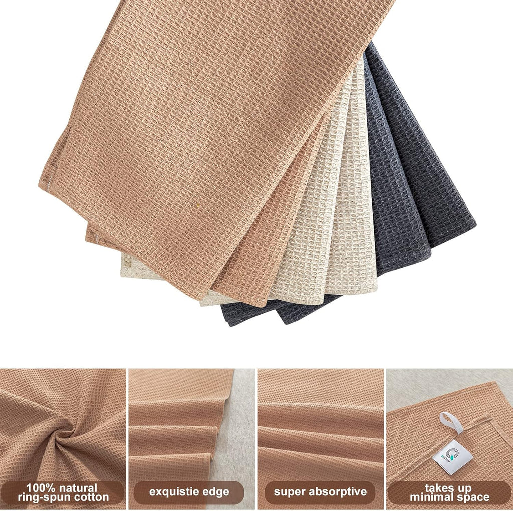 QUILTINA Dish Towels Set, 100% Cotton Waffle Weave Kitchen Towels 6 Pack, 17 x 25 Inches, Super Absorbent for Drying and Cleaning, Beige, Brown, Dark Grey