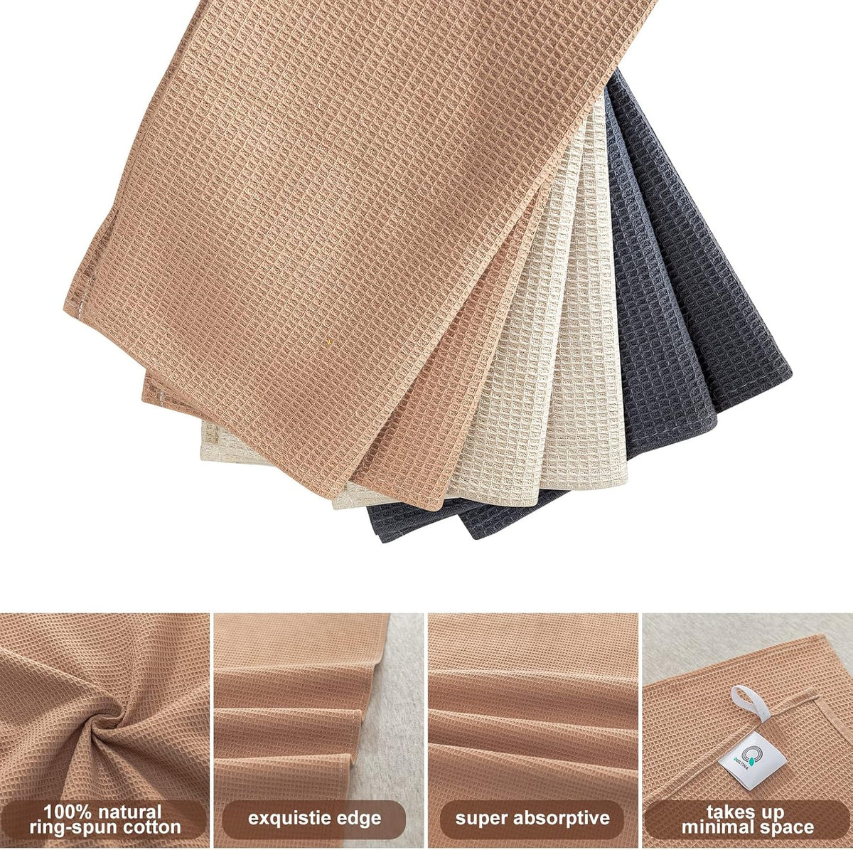QUILTINA Dish Towels Set, 100% Cotton Waffle Weave Kitchen Towels 6 Pack, 17 x 25 Inches, Super Absorbent for Drying and Cleaning, Beige, Brown, Dark Grey