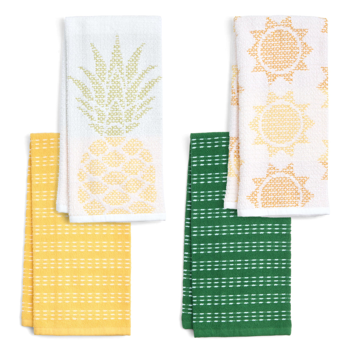 Ritz 4-Piece Kitchen Towel Set, Tomato & Olive Prints with Pine Green & Blue Textured Terry, 100% Cotton & Absorbent Blend, 16" x 26", Vintage Mediterranean Foodie Kitchen Decor