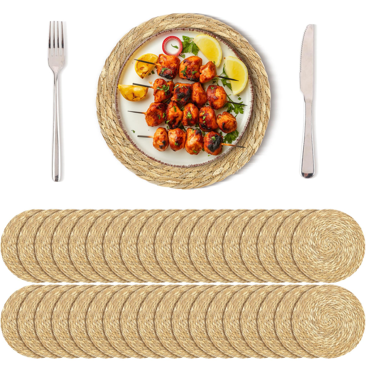 Kochorie Set of 6 Round Woven Placemats - 12 Inch Natural Boho Rattan Wicker Table Mats for Home Dining Table