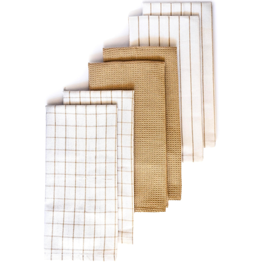 Cotton Dish Towels For Kitchen Drying - Highly Absorbent Wide Beige Striped Plaid Tea Towels - 18"X28" Set Of 6 Farmhouse Linen Dishtowels In Bulk - Pano De Prato Para Cozinha - T Towles Towls