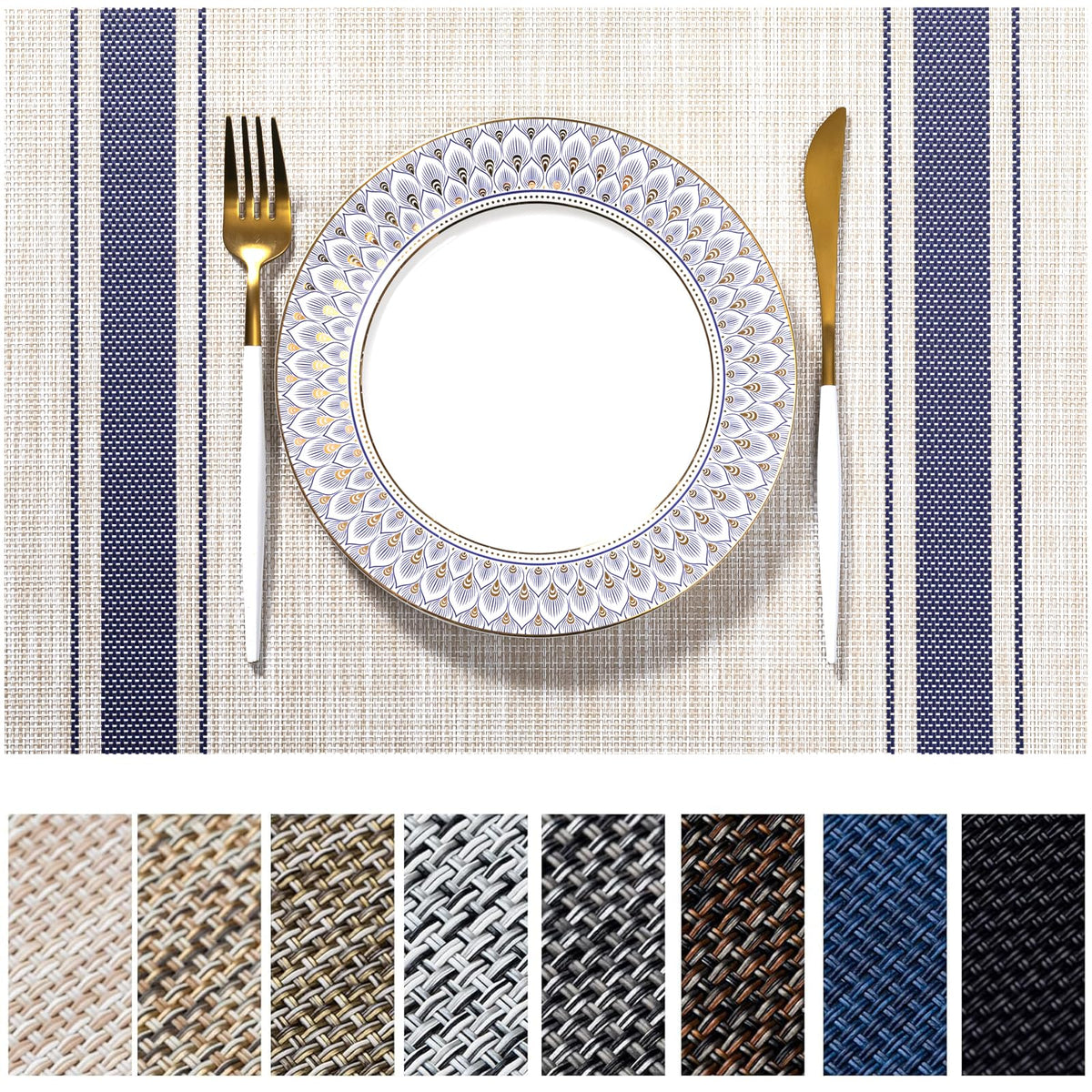 LEXMORE Placemats Set of 4 Vinyl/Plastic Woven Place Mats for Kitchen Table Indoor/Outdoor Washable Placemat Wipeable Dining Table Mats(Navy Blue)