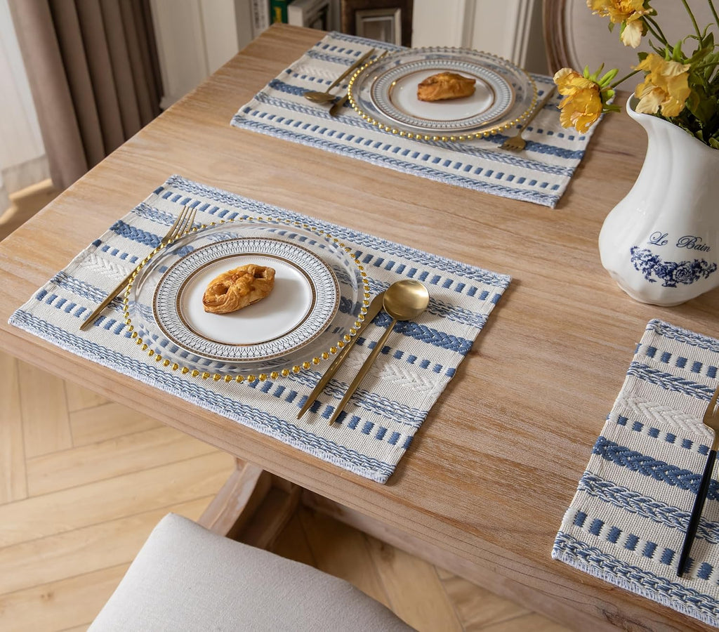 Caflife Boho Placemats Set of 4, Blue Beige Cotton Linen Woven Place Mats