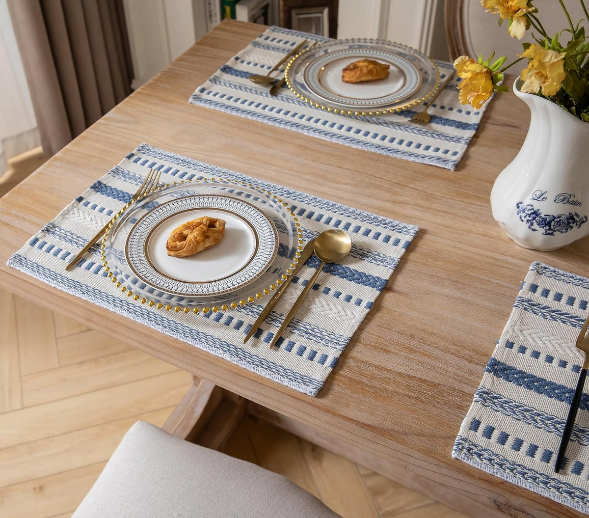 Caflife Boho Placemats Set of 4, Blue Beige Cotton Linen Woven Place Mats