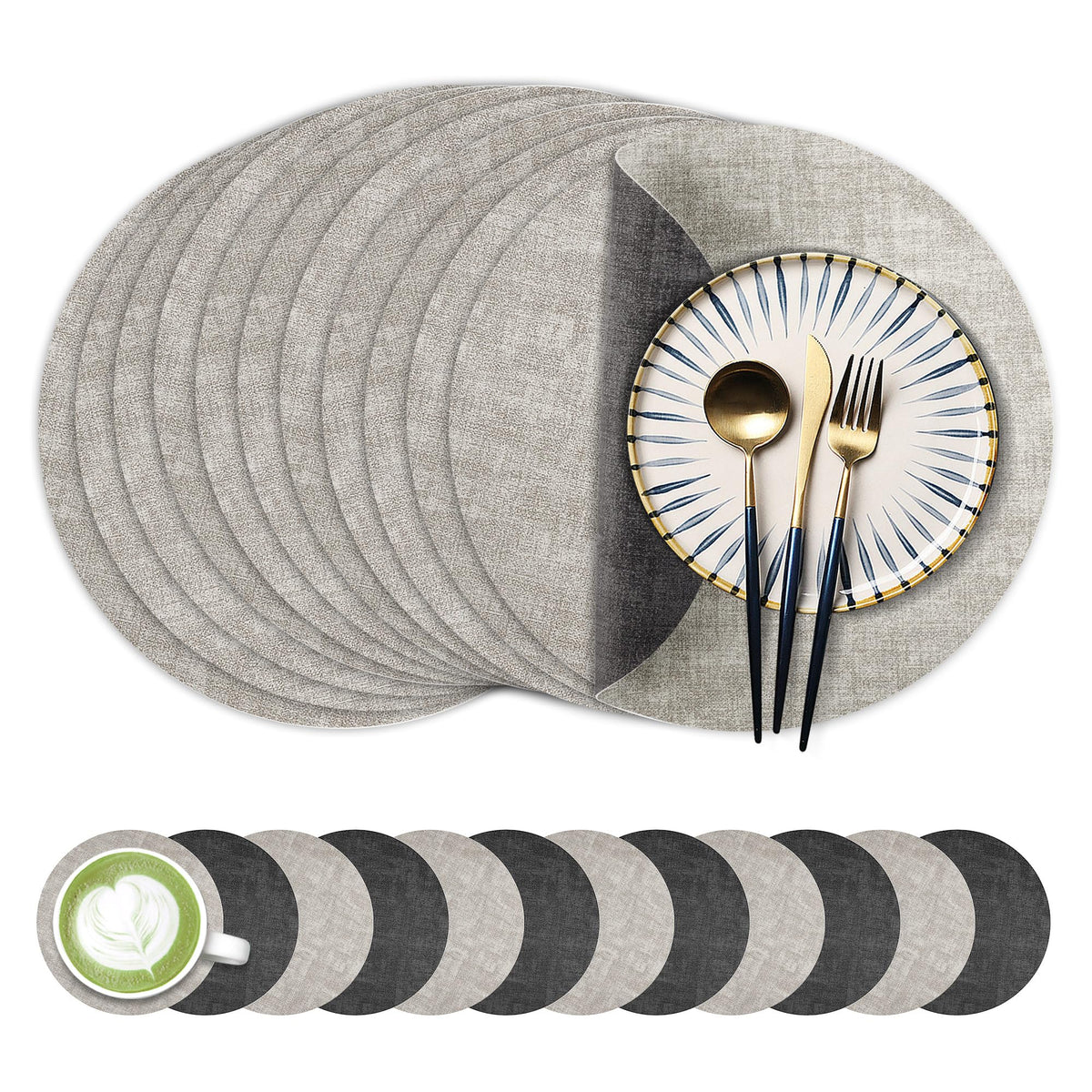 Fyvva Placemats Set of 4, 13" Round Reversible Faux Leather with Coasters