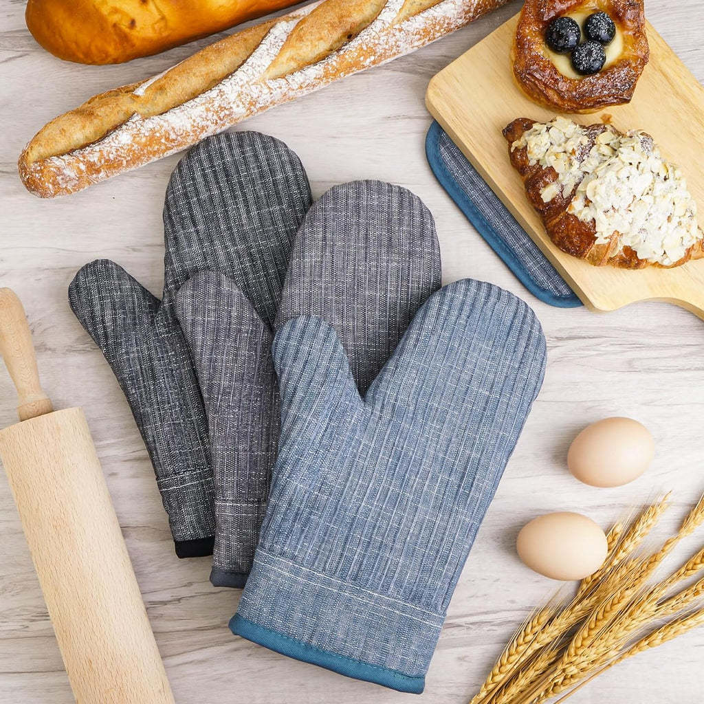 Oven Mitts and Pot Holders, Silicone Oven Gloves, 500 F Heat Resistant Oven Mitts Sets, Non-Slip Silicone Textured Grip, Blue