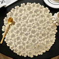Quantum Love Camellia Gold Round Placemats Set of 6, 15 Inch PVC 3D Metallic Flower Table Mats, Wipeable Waterproof Non Slip Heat Resistant Placemats for Wedding Party Christmas Dining Table Decor