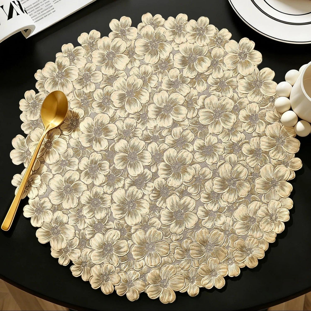 Quantum Love Camellia Gold Round Placemats Set of 6, 15 Inch PVC 3D Metallic Flower Table Mats, Wipeable Waterproof Non Slip Heat Resistant Placemats for Wedding Party Christmas Dining Table Decor