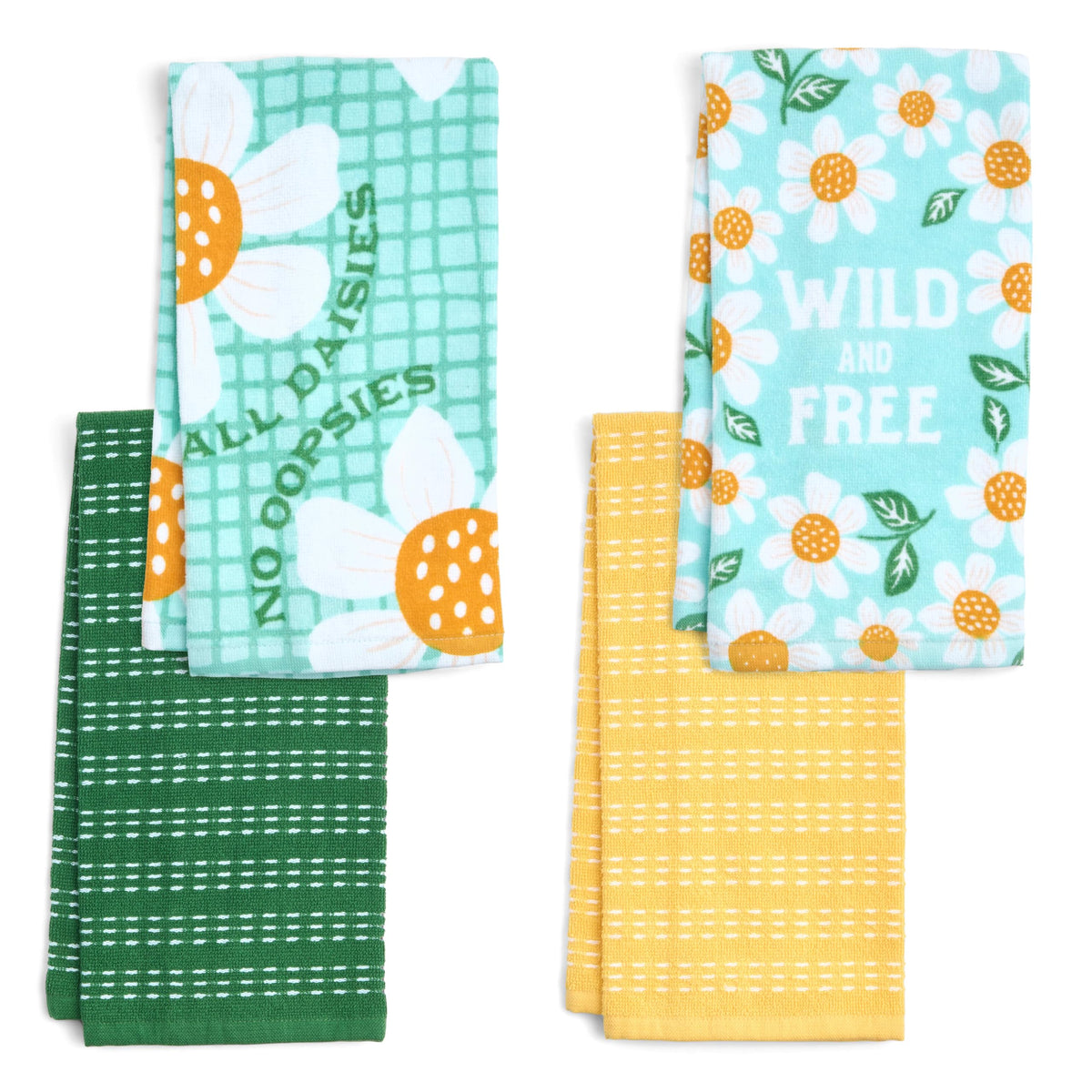 Ritz 4-Piece Kitchen Towel Set, Tomato & Olive Prints with Pine Green & Blue Textured Terry, 100% Cotton & Absorbent Blend, 16" x 26", Vintage Mediterranean Foodie Kitchen Decor