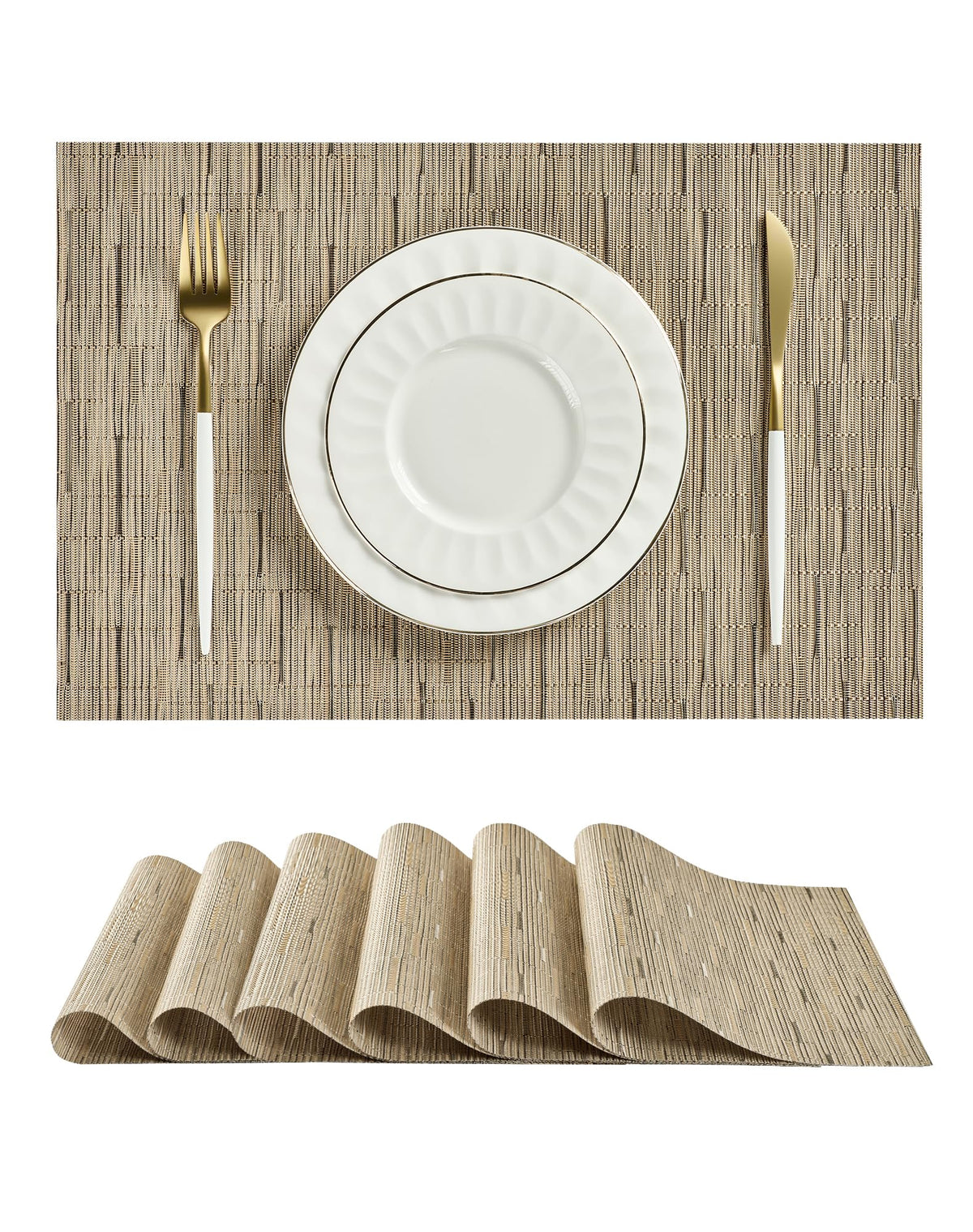 Beige Placemats Set of 6 - Heat-Resistant, Non-Slip Table Mats, Washable Woven Vinyl for Indoor & Outdoor Dining