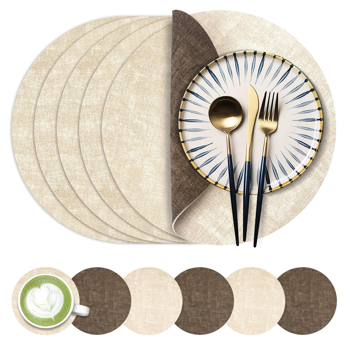 Fyvva Placemats Set of 4, 13" Round Reversible Faux Leather with Coasters