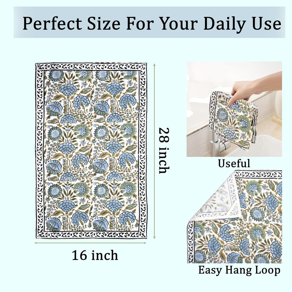 Ridhi Asparagus Green Hand Block Print Cotton Kitchen Towels, 16x28 Inch