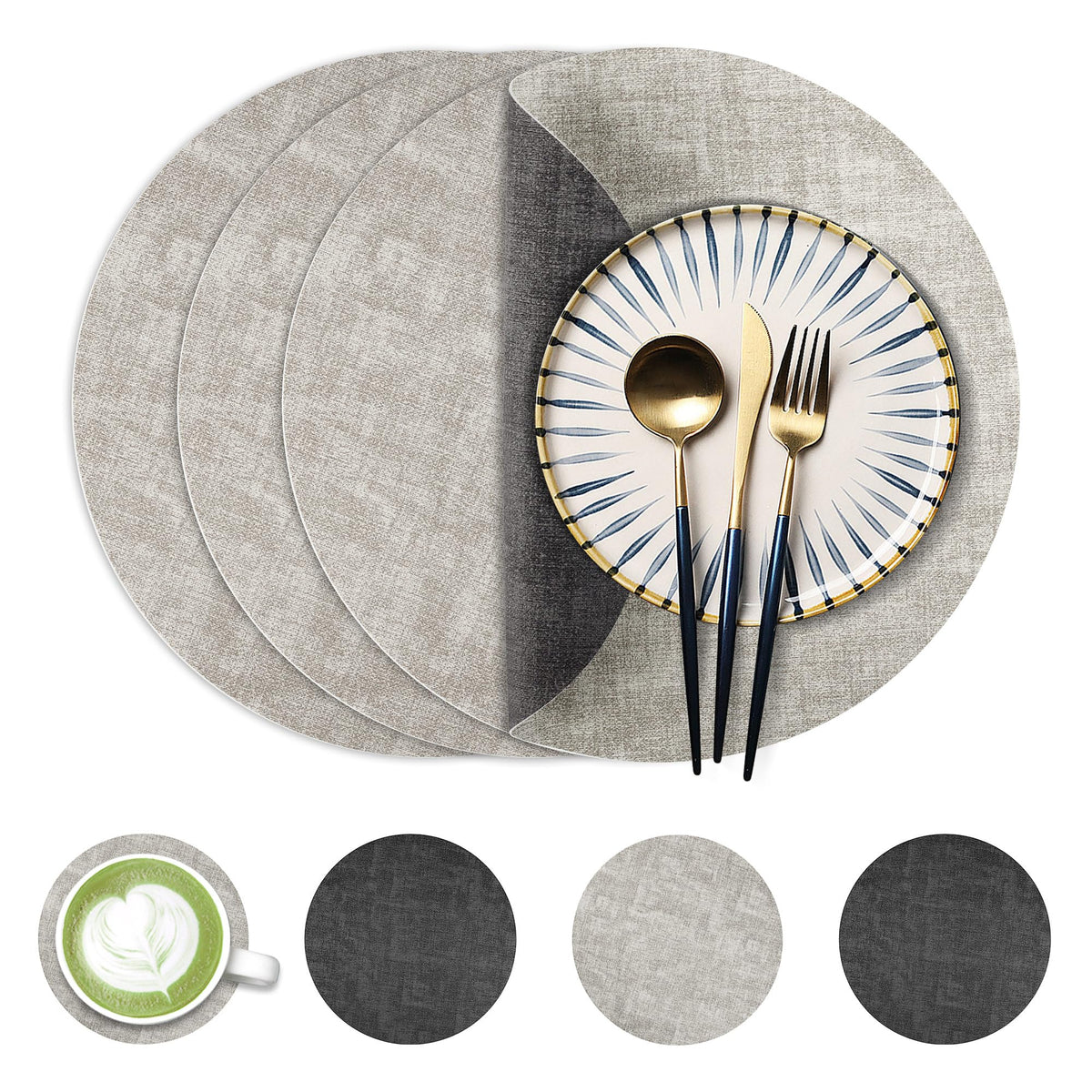 Fyvva Placemats Set of 4, 13" Round Reversible Faux Leather with Coasters