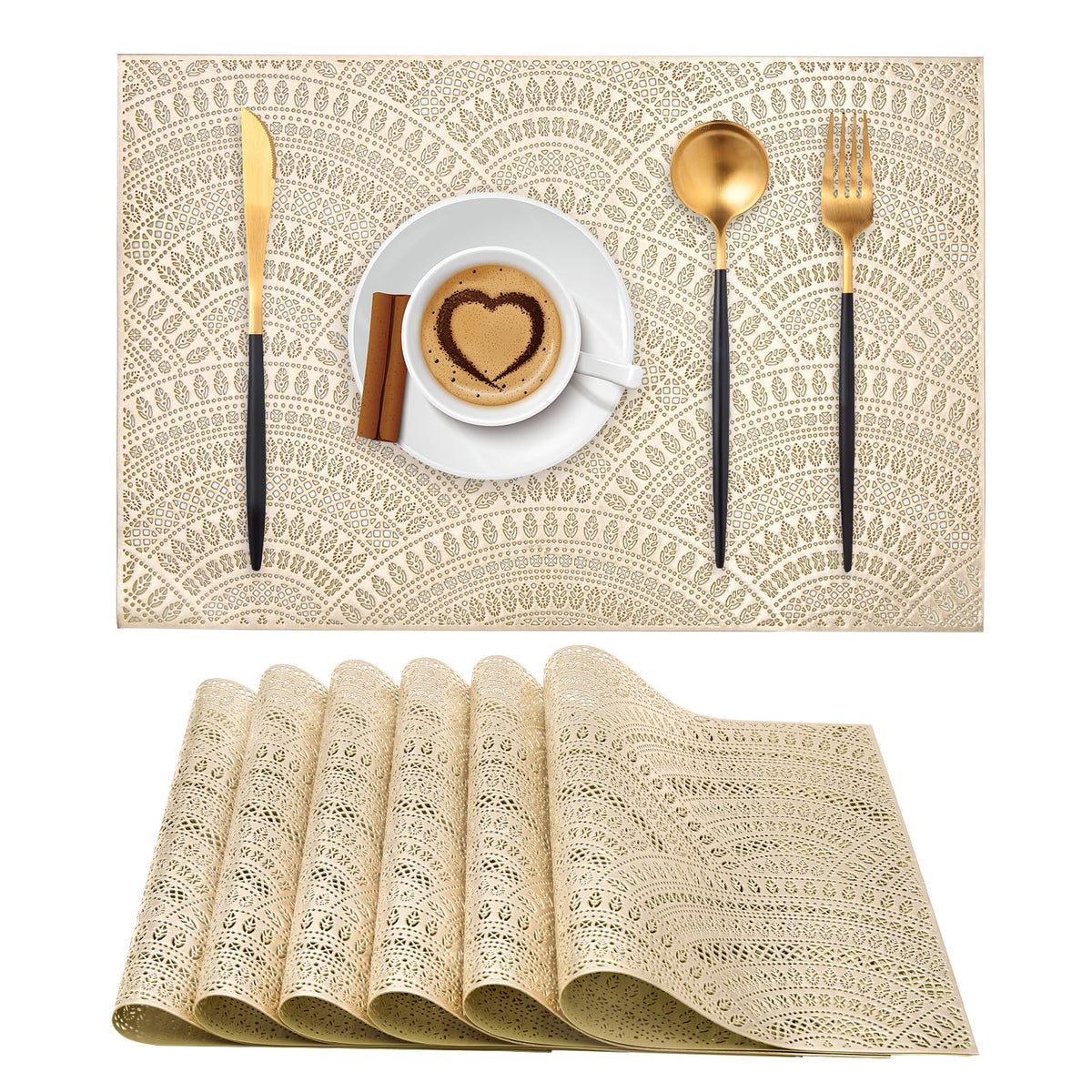 Gold Rectangle Placemats Set of 6 Daisy Vinyl Place Mats for Dining Tables