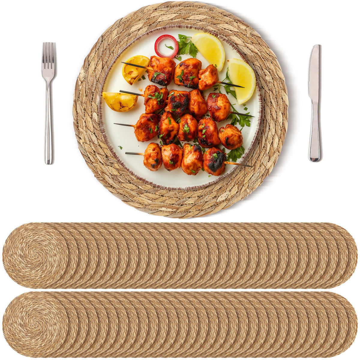 Kochorie Set of 6 Round Woven Placemats - 12 Inch Natural Boho Rattan Wicker Table Mats for Home Dining Table
