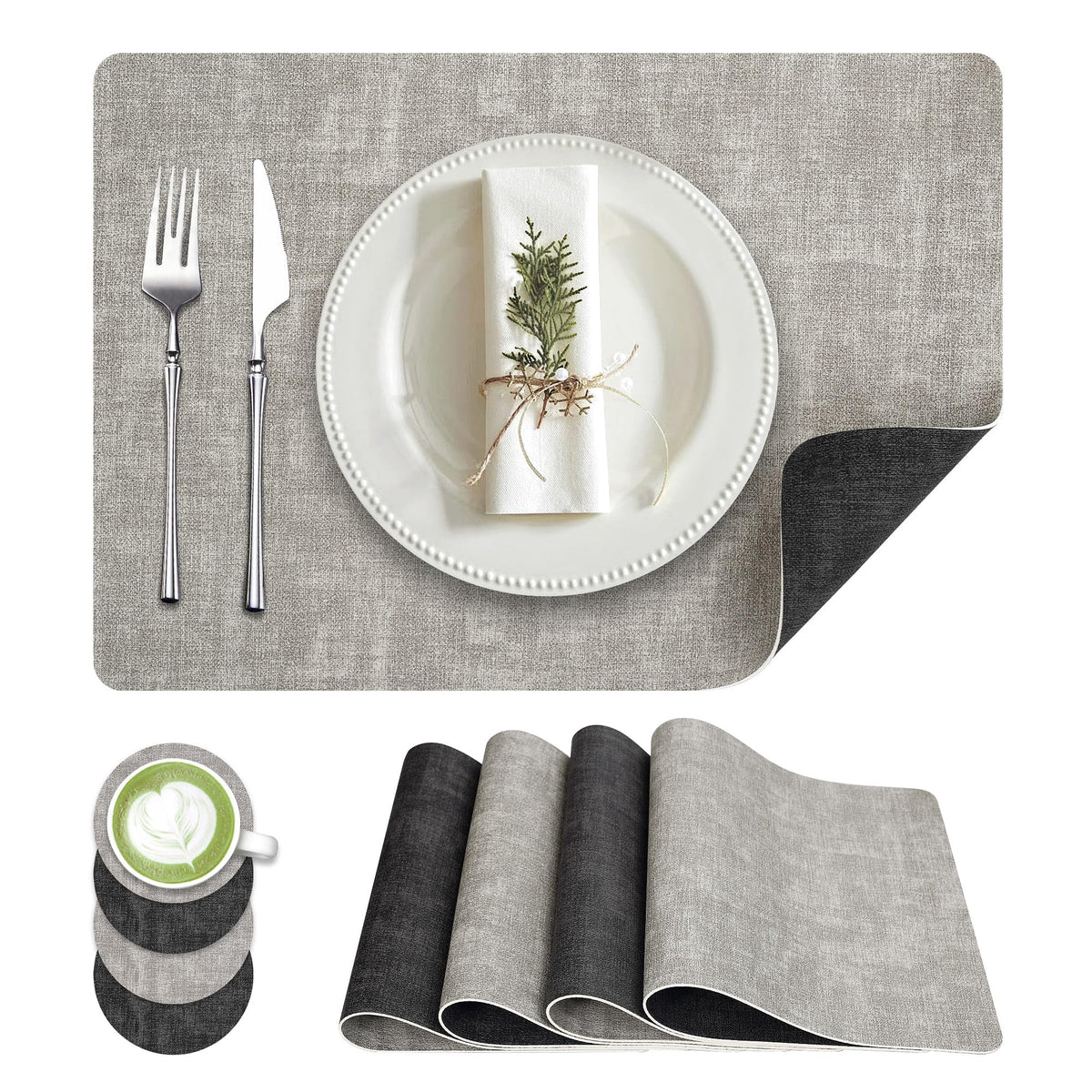 Fyvva Placemats Set of 4, 13" Round Reversible Faux Leather with Coasters