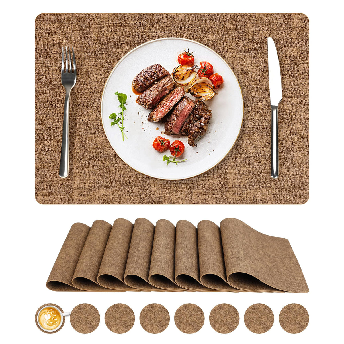 NCUE Vinyl Placemats Set of 6, 17"x12" Wipeable Place Mats with Coasters