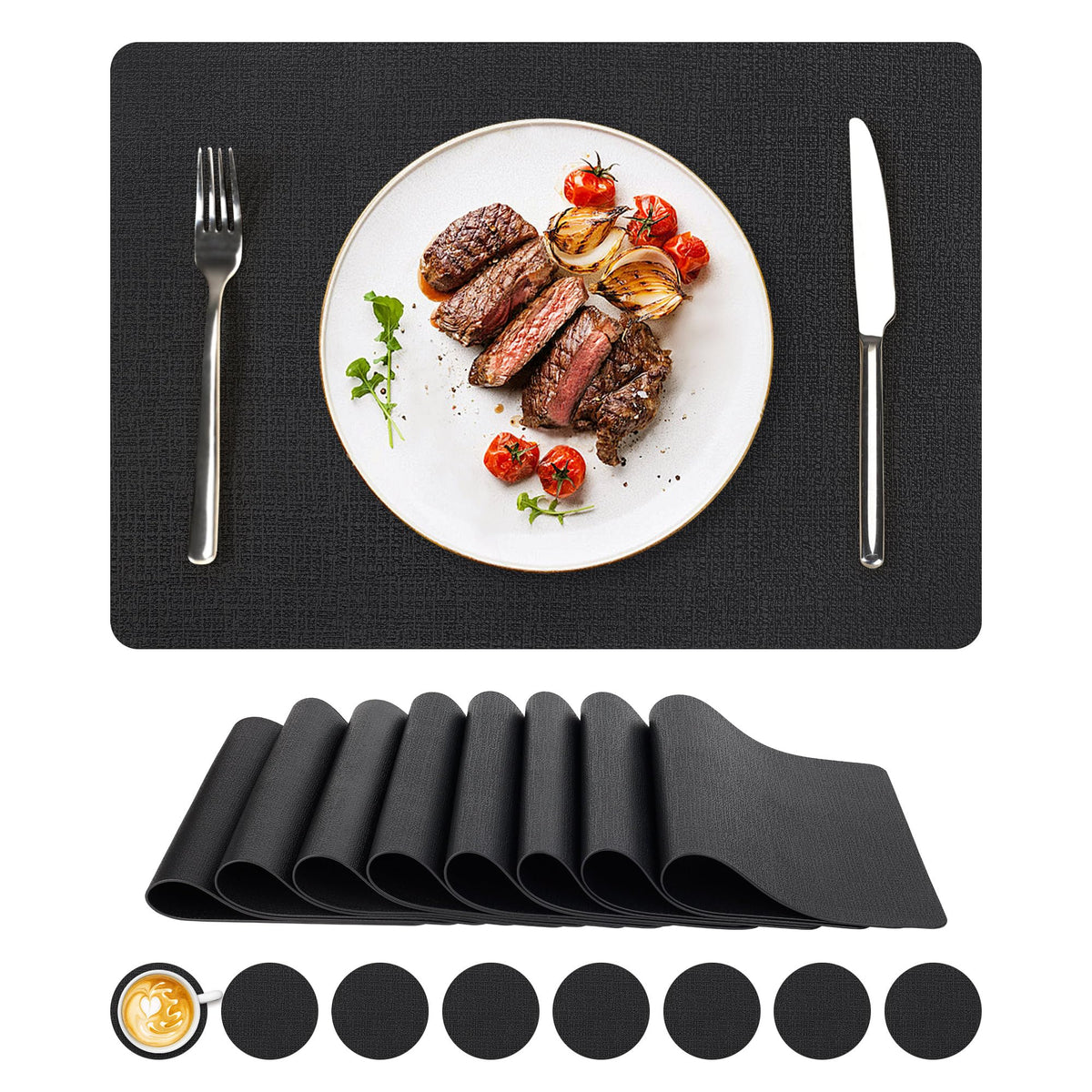 NCUE Vinyl Placemats Set of 6, 17"x12" Wipeable Place Mats with Coasters