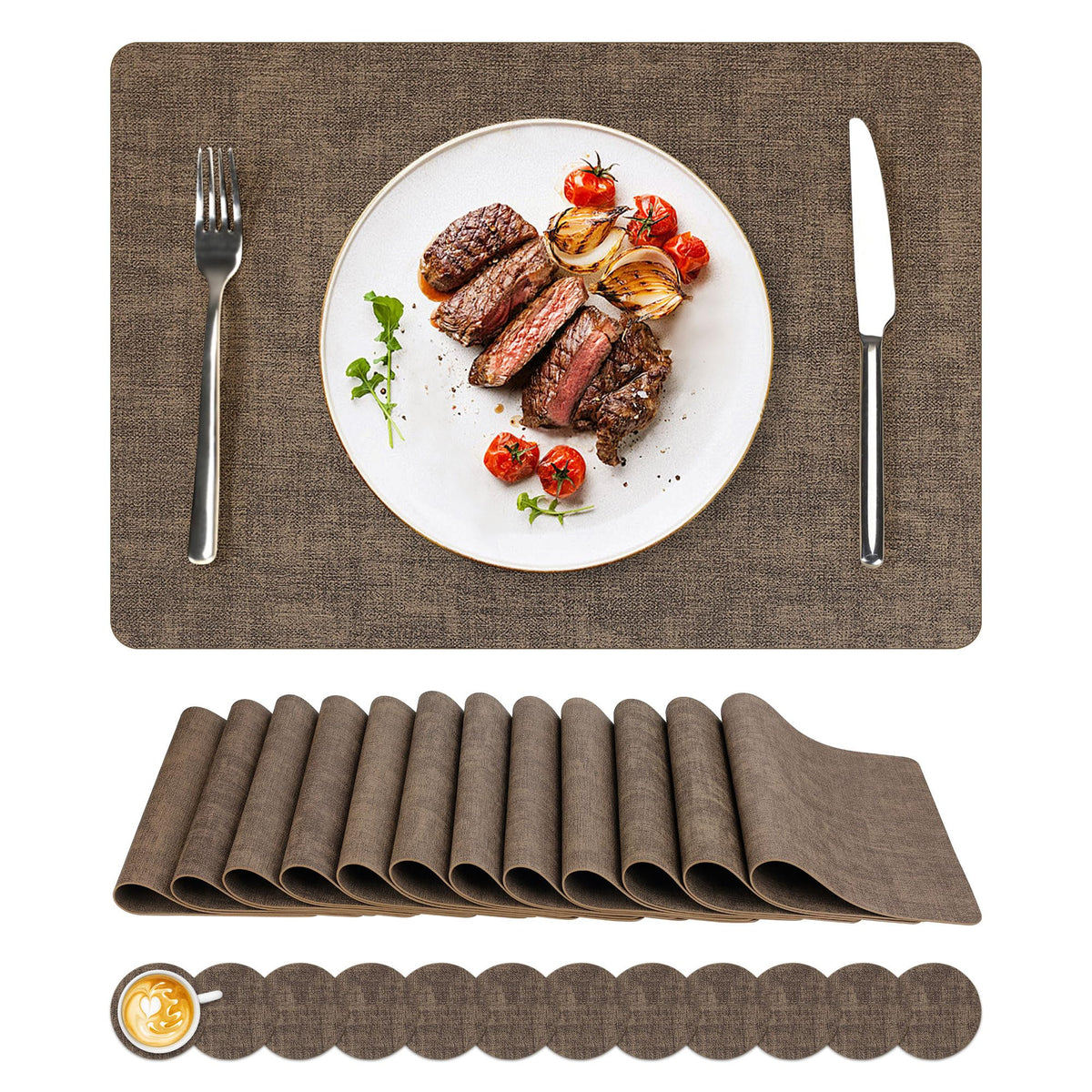 NCUE Vinyl Placemats Set of 6, 17"x12" Wipeable Place Mats with Coasters