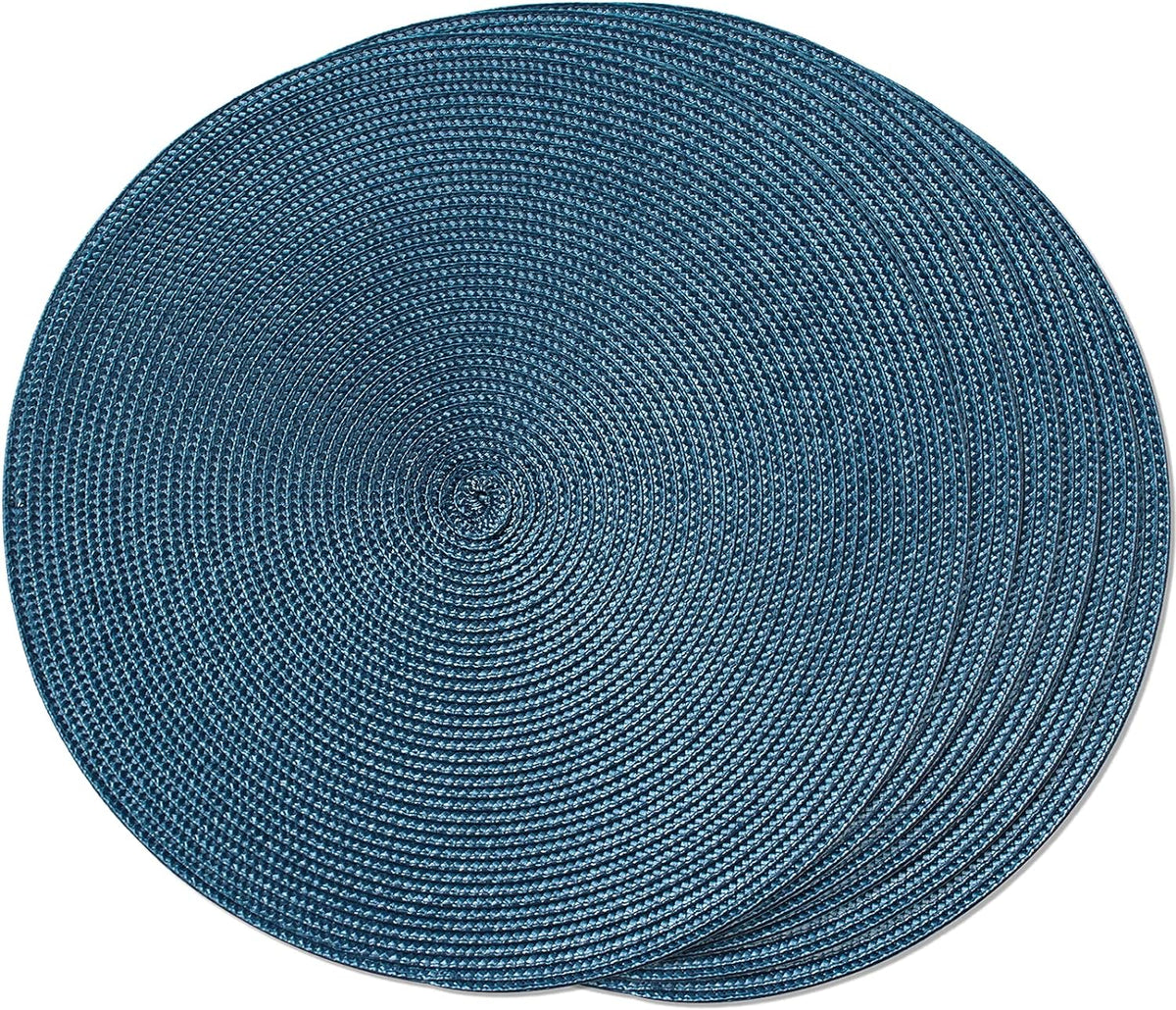 FunWheat Round Braided Placemats Set of 6 Table Mats for Dining Tables Woven Washable Non-Slip Place mats 15 in(Blue, 6pcs)
