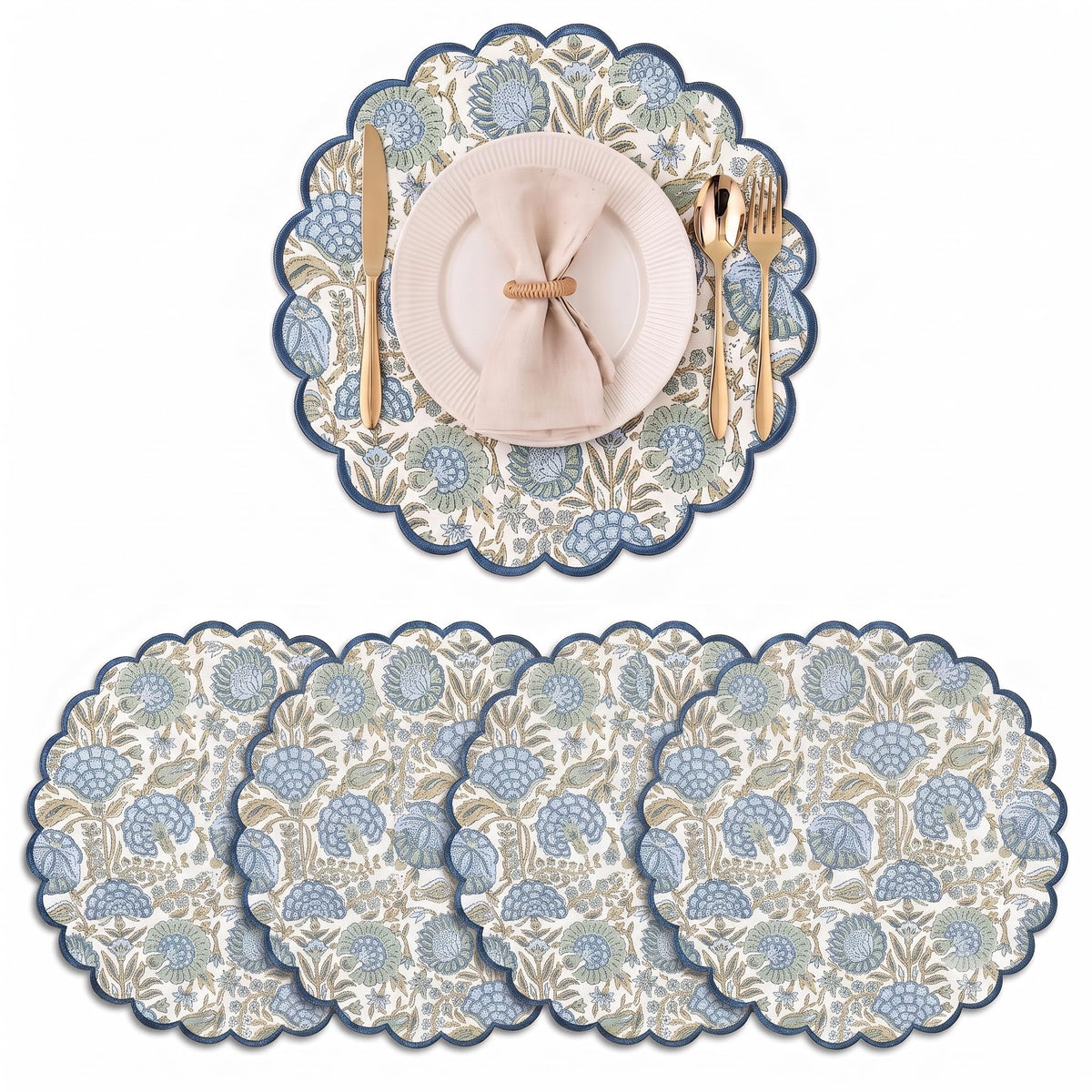 Ridhi Floral Block Print Round Placemats 15" in, Set of 4, Powder Blue