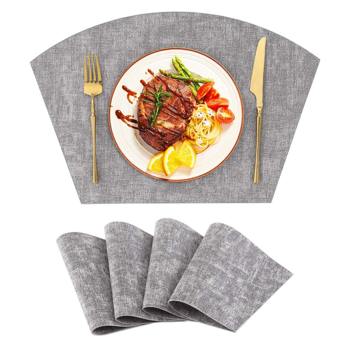 Homaxy Wedge Faux Leather Placemats for Round Table, Set of 6, Light Grey