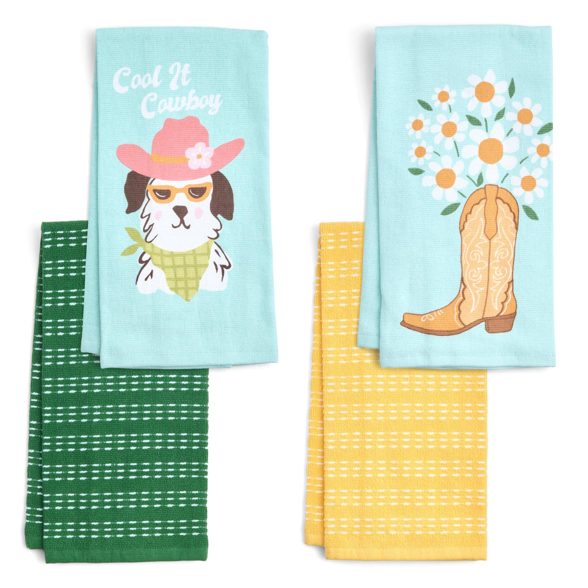 Ritz 4-Piece Kitchen Towel Set, Tomato & Olive Prints with Pine Green & Blue Textured Terry, 100% Cotton & Absorbent Blend, 16" x 26", Vintage Mediterranean Foodie Kitchen Decor
