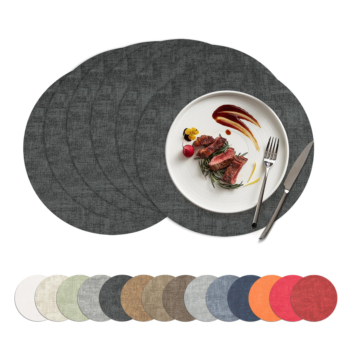 Placemats Set of 4, 15 Inch Round Faux Leather Place Mats