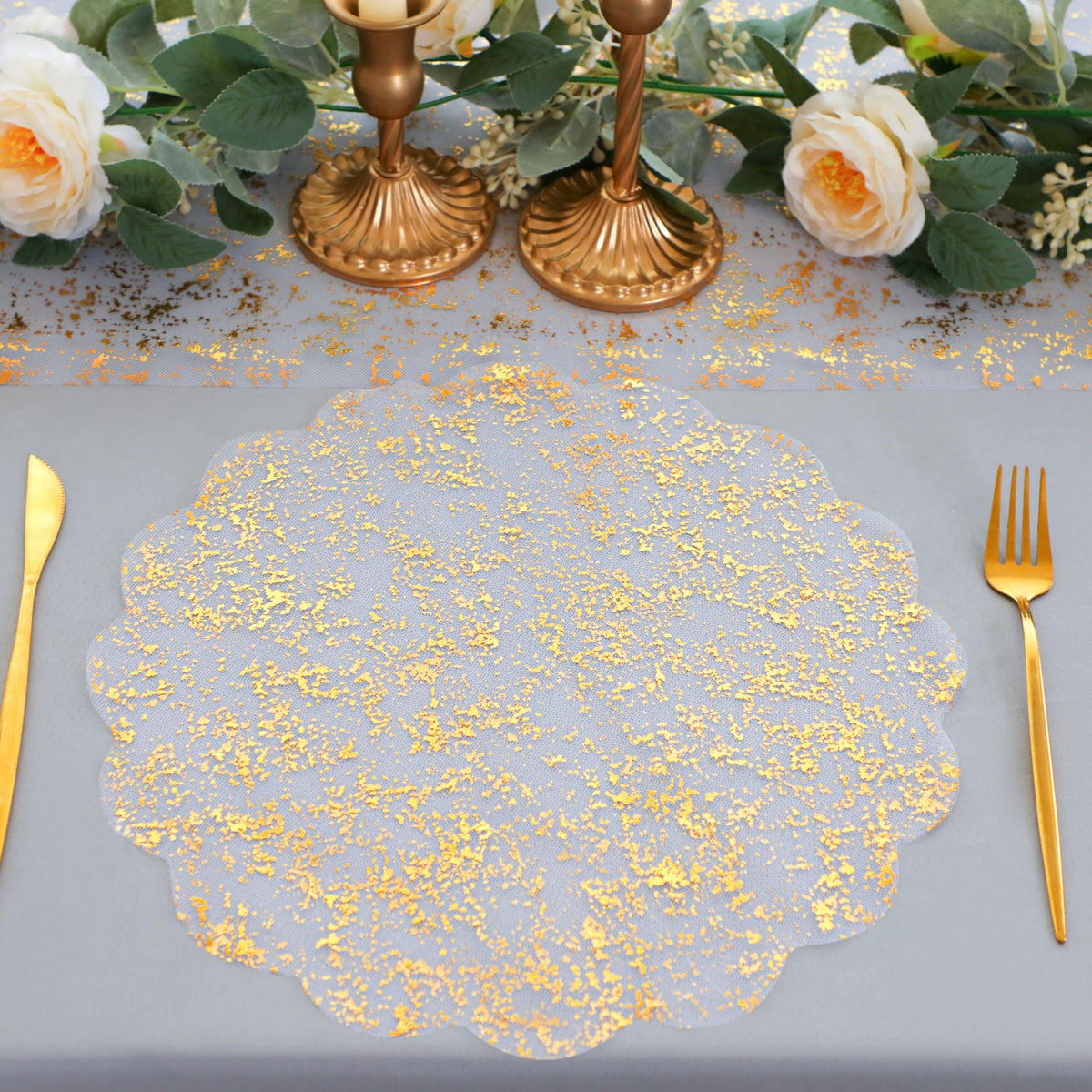 Snowkingdom Gold Placemats Set of 24 Round 13 Inch Foil Mesh Pressed Fall Disposable Table Mates 24 Pack Gold Doilies for Dining Table Wedding Birthday Party Holiday Home Decoration