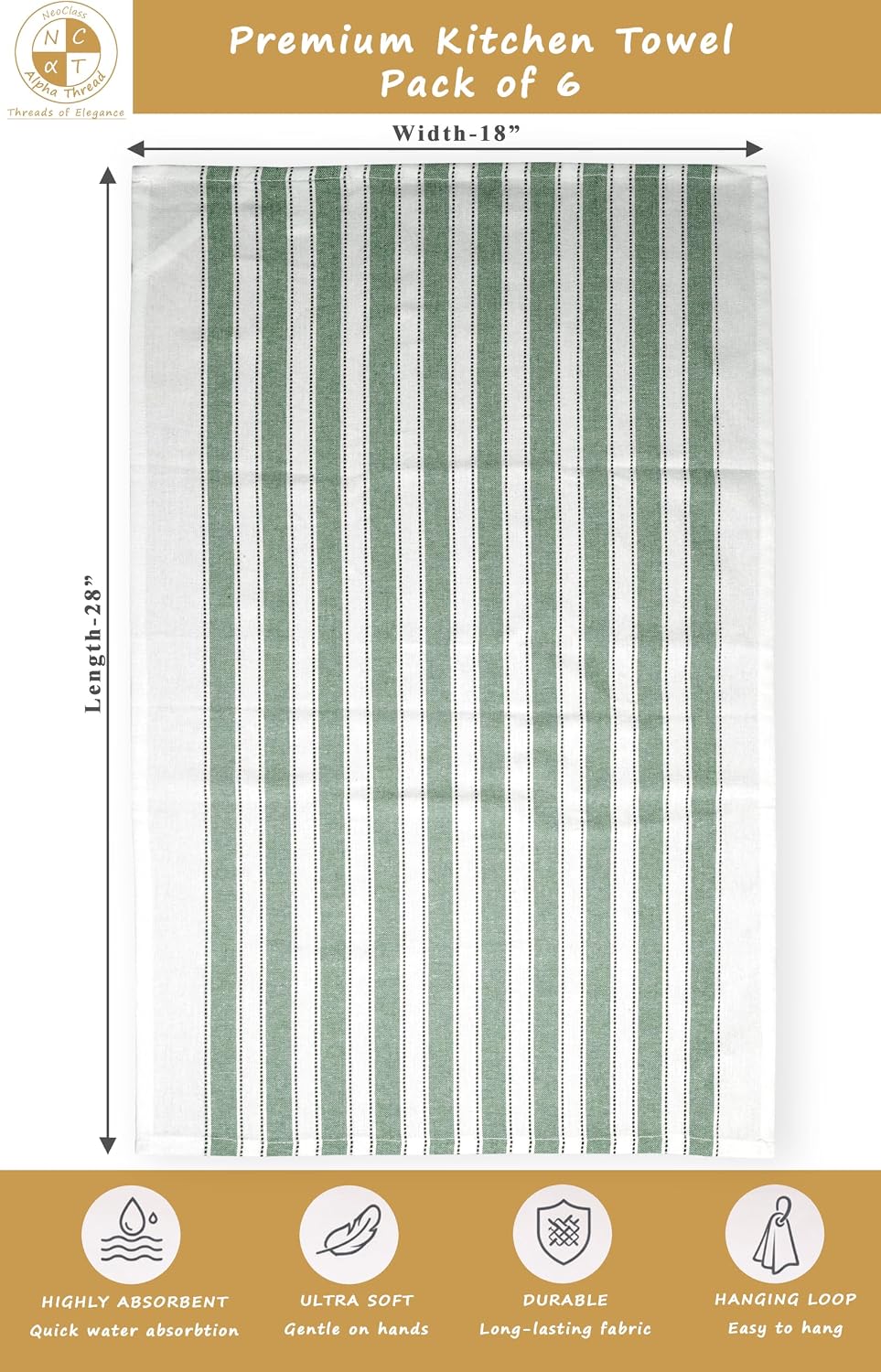 Pack of 6 Cotton Kitchen Towels Set, Dish Towels, Cleaning Rags, Kitchen Dish Cloths for Washing Dishes, Cotton Cleaning Cloths, Ultra Soft, Lightweight & Quick Dry, Flat Weave, 28"x18" (Olive & Gray)