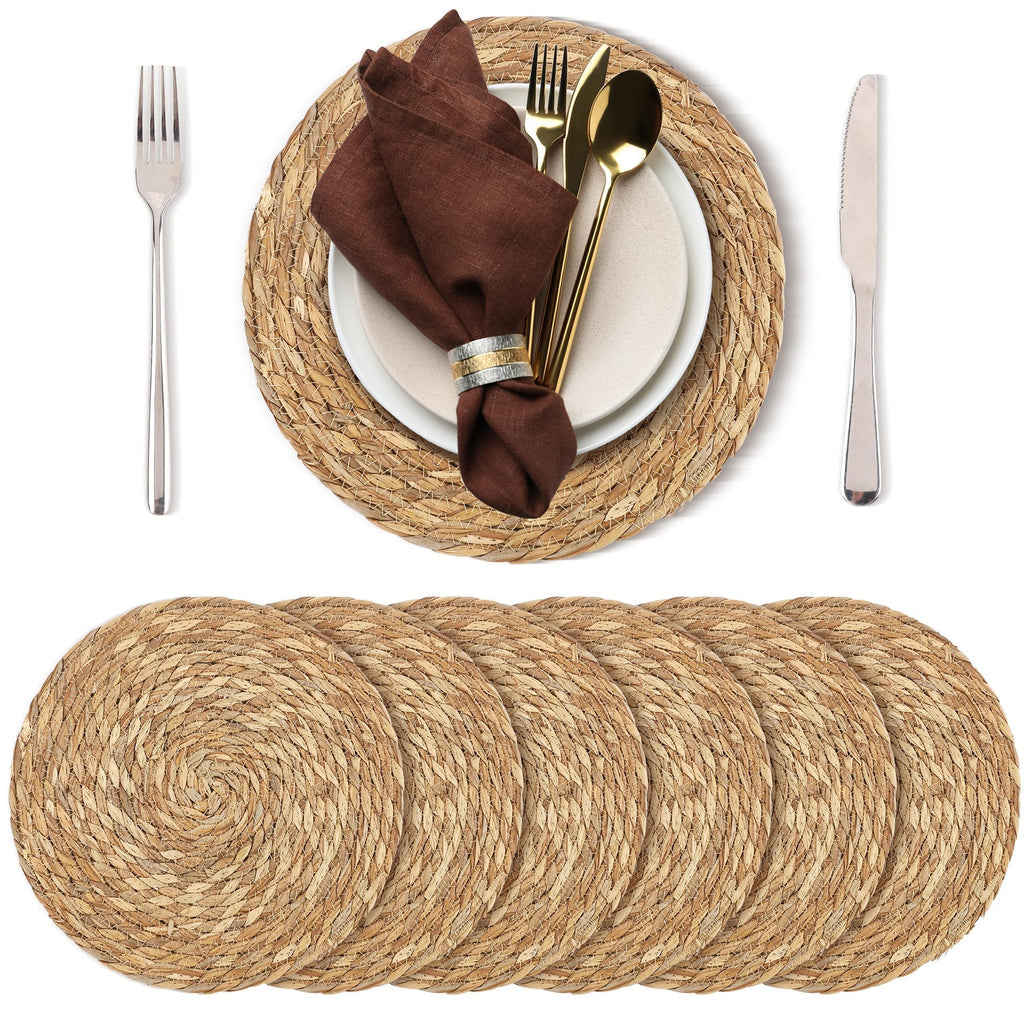 Kochorie Set of 6 Round Woven Placemats - 12 Inch Natural Boho Rattan Wicker Table Mats for Home Dining Table