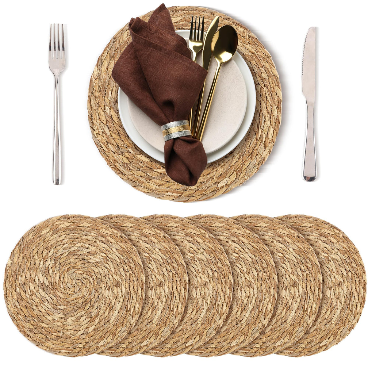 Kochorie Set of 6 Round Woven Placemats - 12 Inch Natural Boho Rattan Wicker Table Mats for Home Dining Table