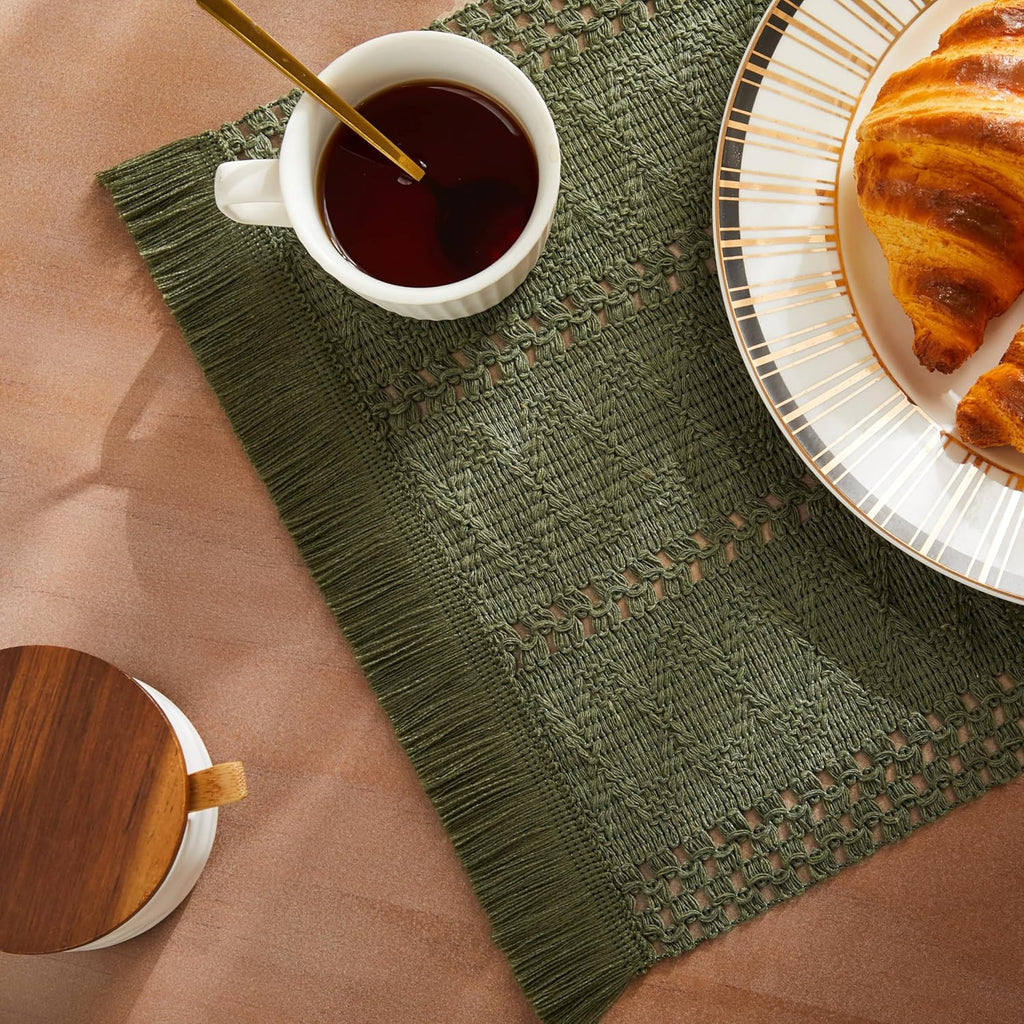 ZeeMart Macrame Style Boho Placemats Set of 4, Olive 12x20 Inch