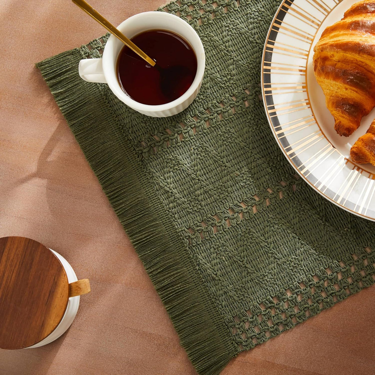 ZeeMart Macrame Style Boho Placemats Set of 4, Olive 12x20 Inch
